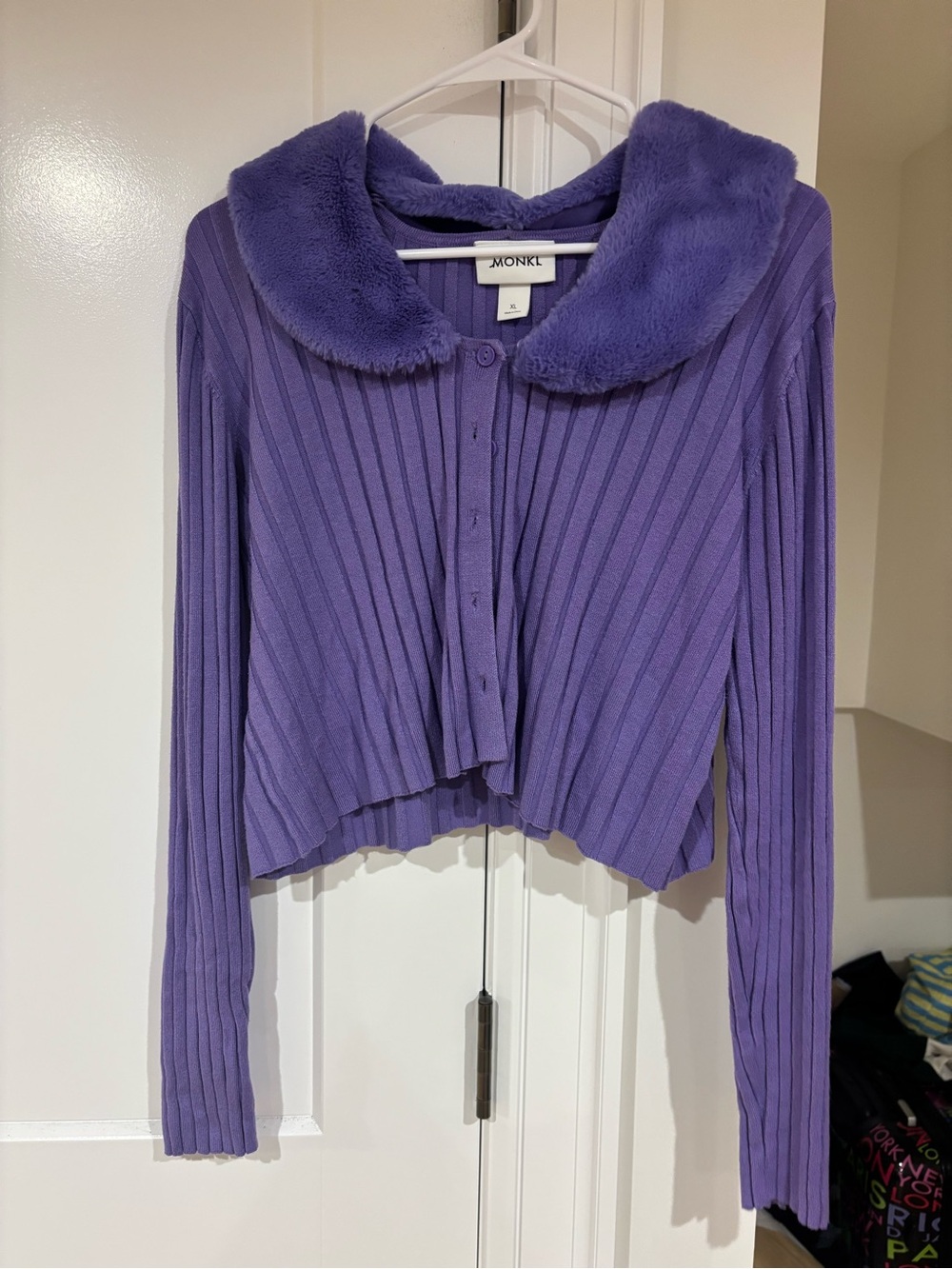 Monki Lavender Ribbed Button-Up Cardigan with Plush Collar